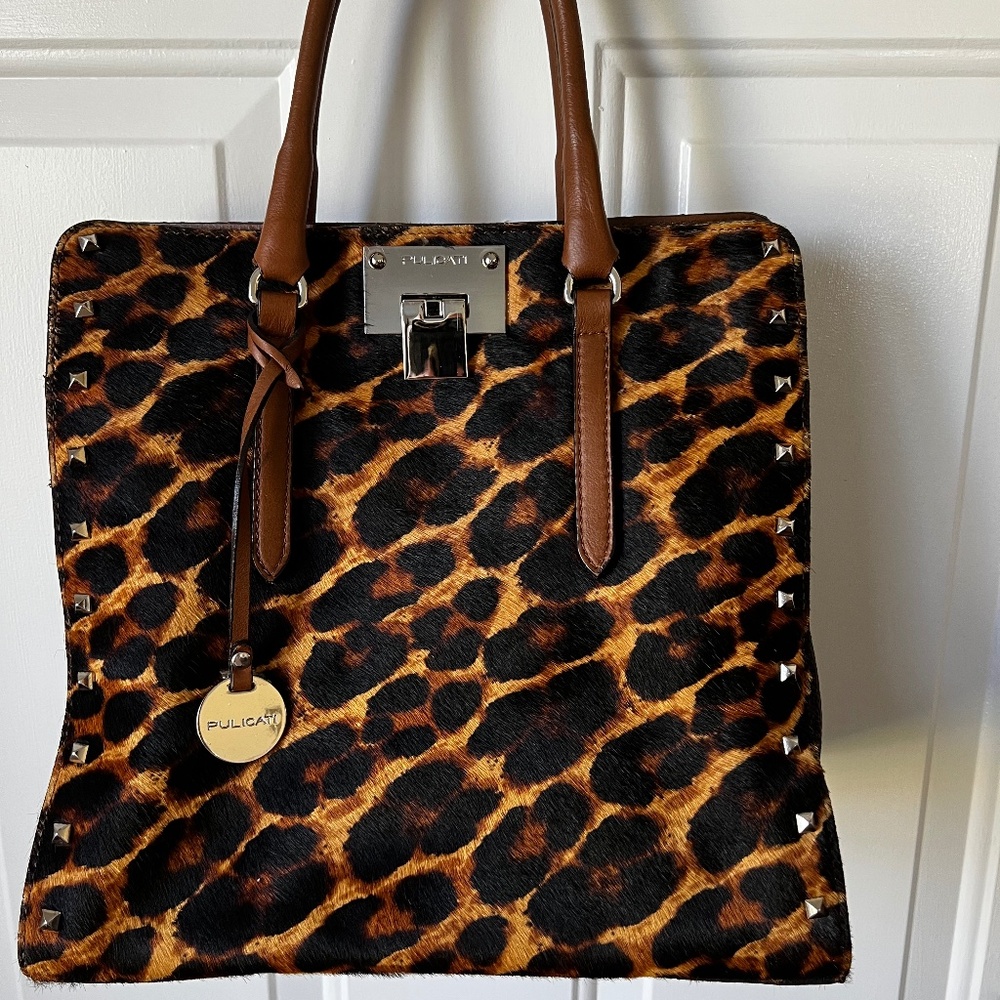 Pulicati Italian Leather Leopard Fur Satchel Bag